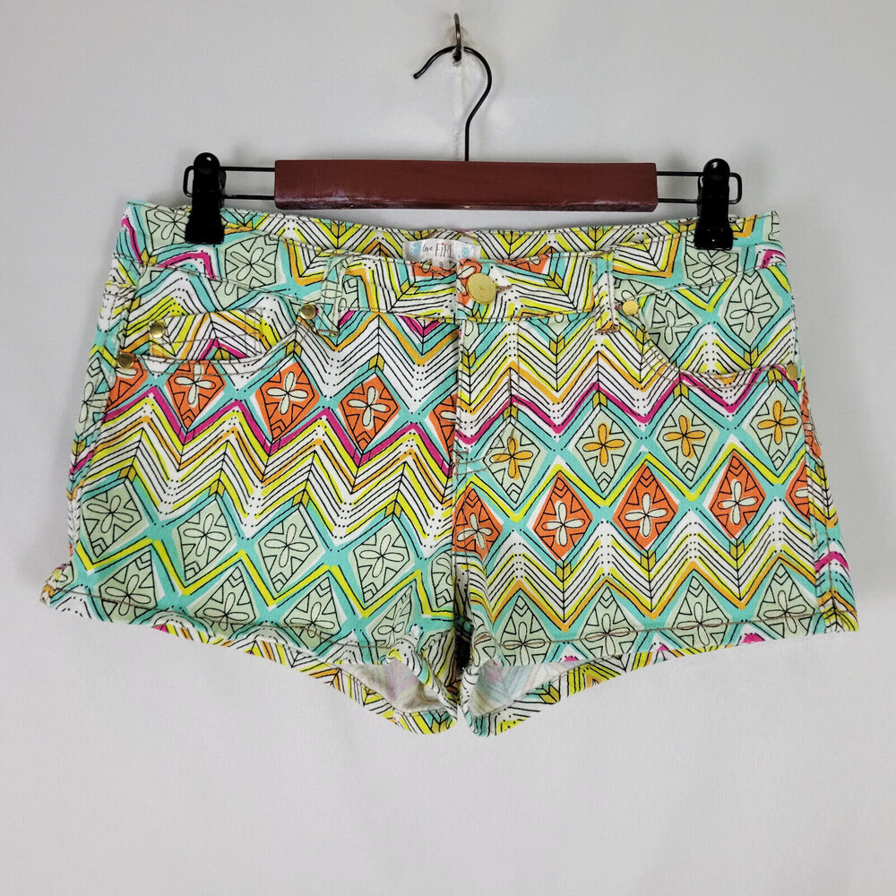 Love Fire Denim Shorts Juniors 9 Multicolor Low‎ Rise Womens Colorful Geometric
